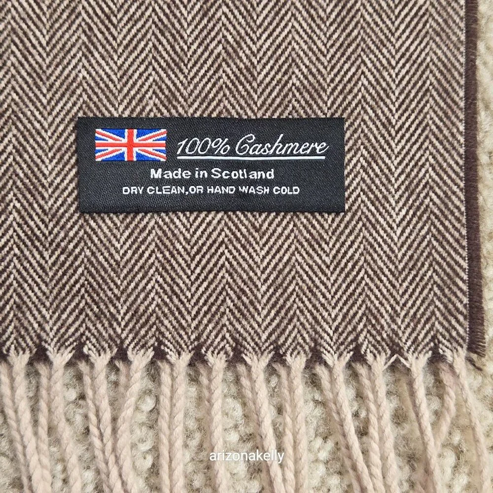 NWOT Cashmere Herringbone Scarf Brown & Creme Made in Scotland